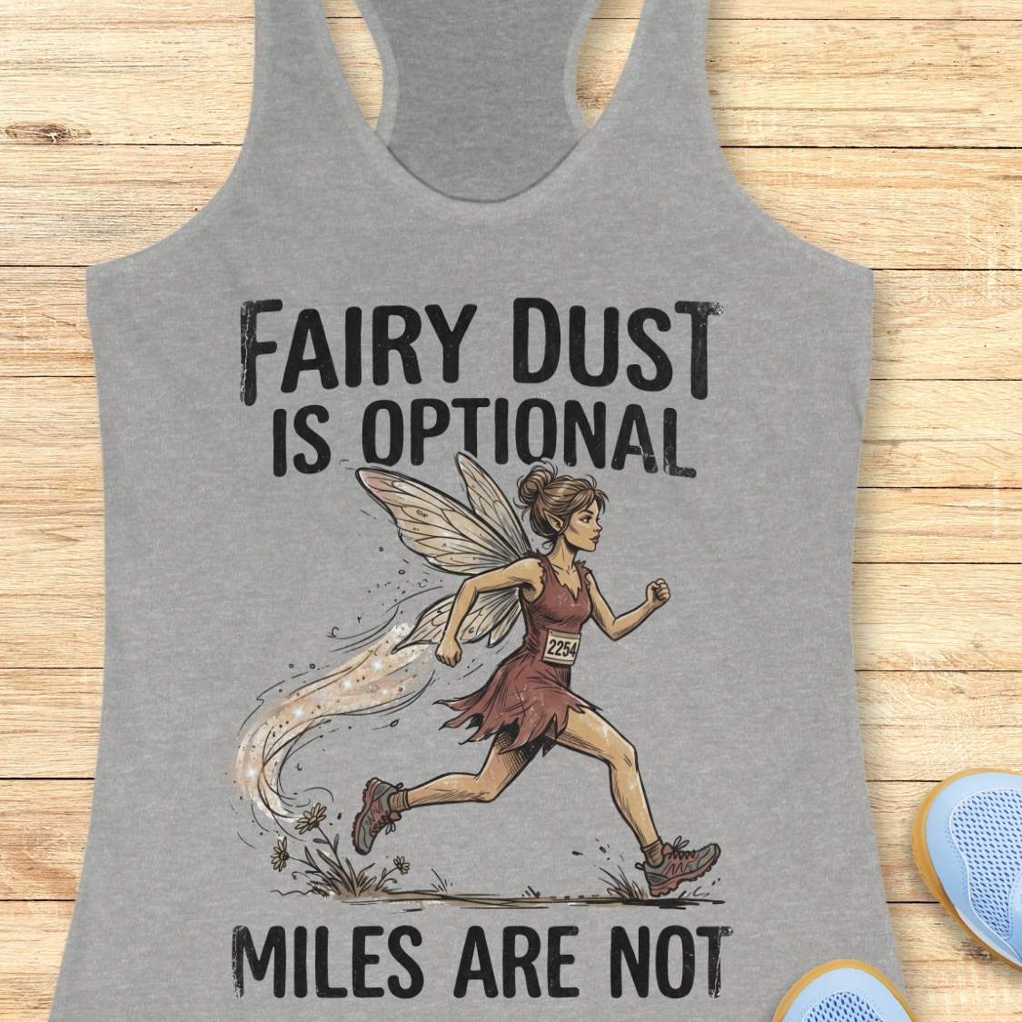 A heather gray racerback tank top laid flat on a light wood background, featuring a printed graphic of a fairy-themed runner with the text 'FAIRY DUST IS OPTIONAL' and 'MILES ARE NOT'.