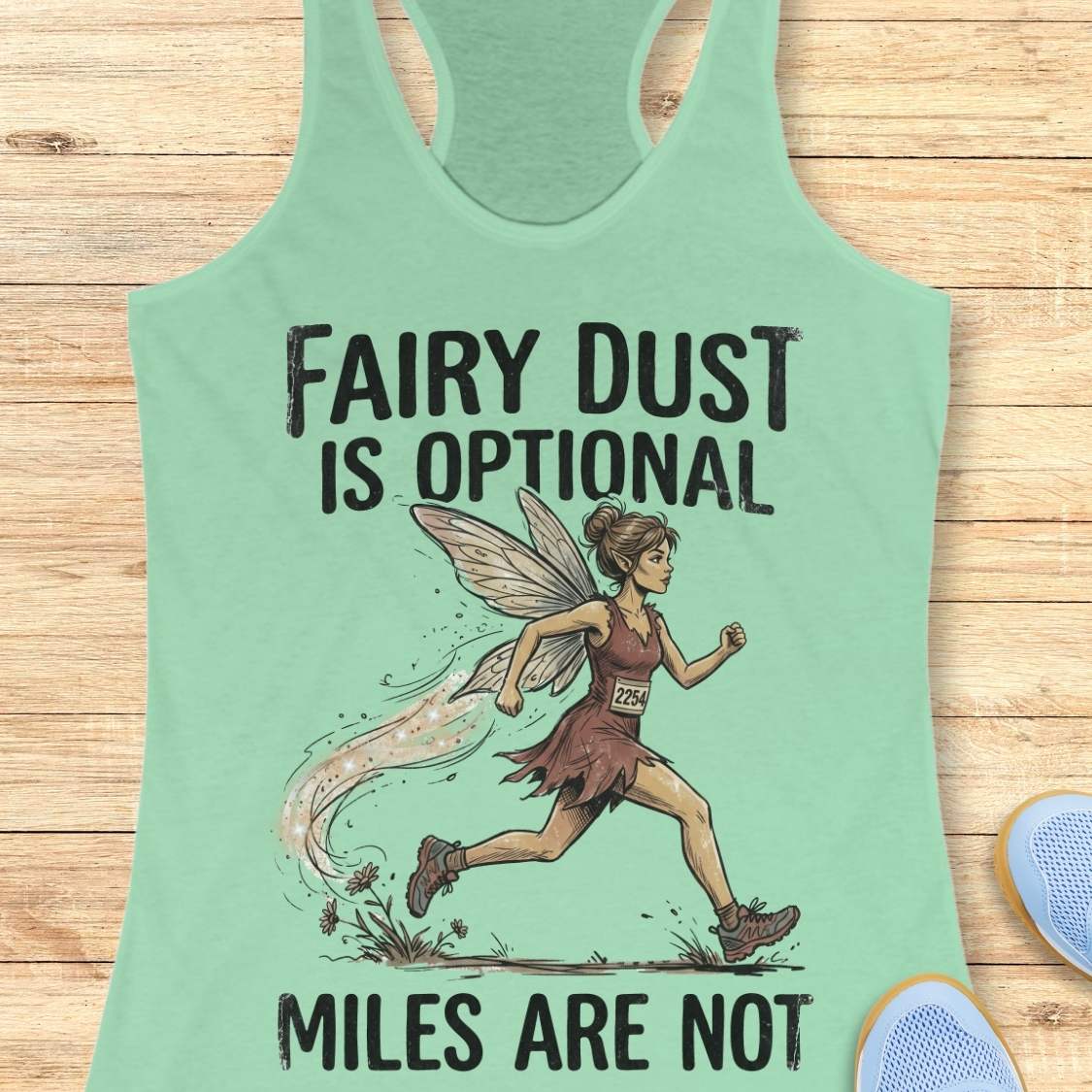 A mint green racerback tank top laid flat on a light wood background, featuring a graphic of a fairy-themed runner with the text 'FAIRY DUST IS OPTIONAL' and 'MILES ARE NOT'.