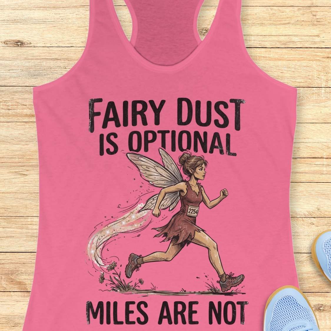 A pink racerback tank top laid flat on a light wood surface, featuring a graphic of a running fairy with the text 'FAIRY DUST IS OPTIONAL' and 'MILES ARE NOT'.
