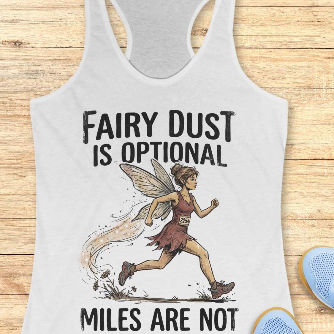 A white racerback tank top laid flat on a light wood background, featuring a graphic of a running fairy and the text 'FAIRY DUST IS OPTIONAL MILES ARE NOT'. Partial blue shoes are visible at the bottom right as styling props.