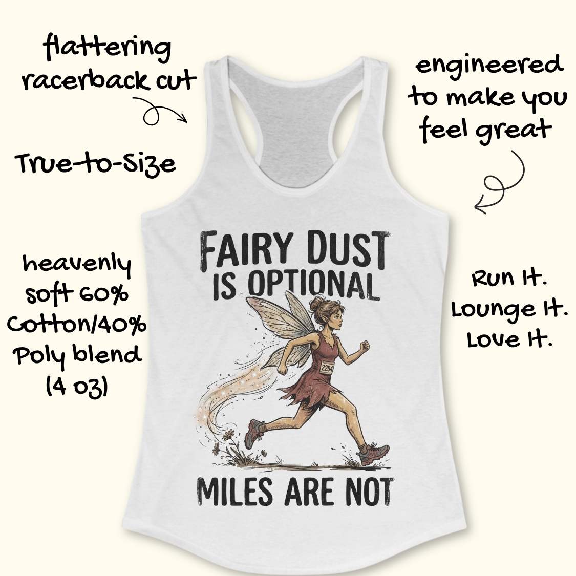 A white racerback tank top laid flat on a light wood background, featuring a graphic of a running fairy and the text 'FAIRY DUST IS OPTIONAL MILES ARE NOT'. Partial blue shoes are visible at the bottom right as styling props.