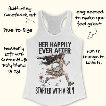 A white racerback tank top laid flat on a light wood background, featuring a printed graphic of a woman running with the text 'HER HAPPILY EVER AFTER STARTED WITH A RUN'.