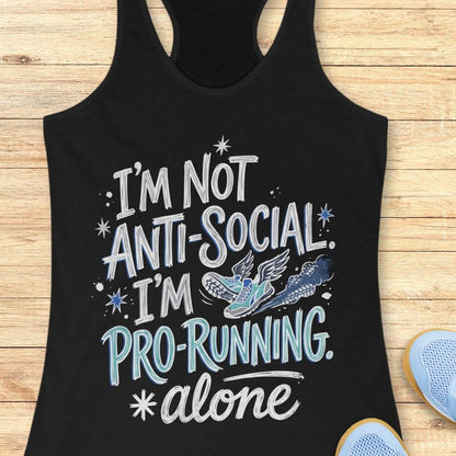 A black racerback tank top laid flat on a light wood background, featuring a graphic print that reads 'I'M NOT ANTI-SOCIAL. I'M PRO-RUNNING.