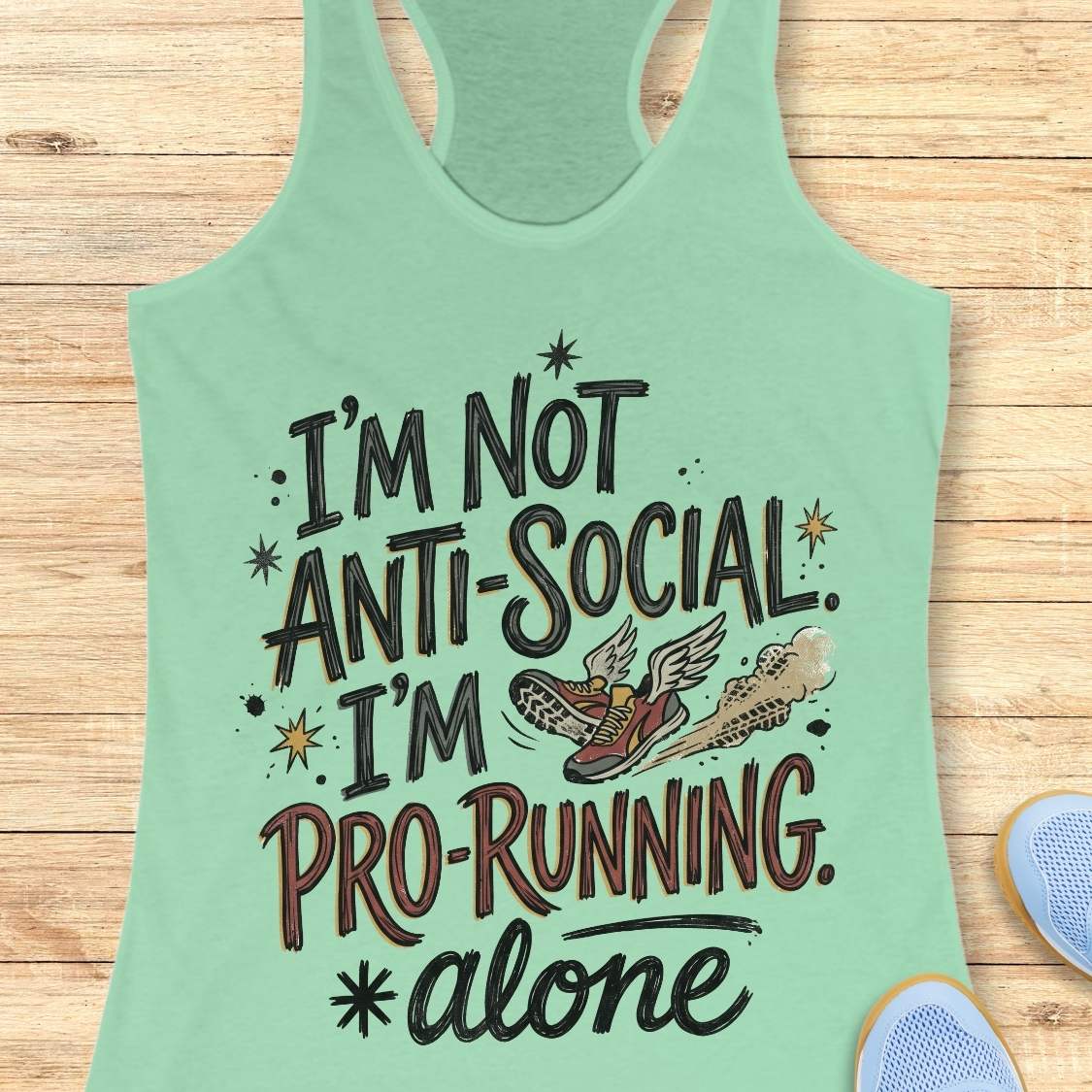 A mint green racerback tank top laid flat on a light wood plank background. The shirt features a graphic print with the text 'I'M NOT ANTI-SOCIAL.
