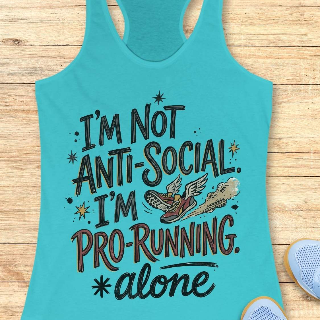 A turquoise racerback tank top laid flat on a light wood surface, printed with the phrase “I’m Not Anti-Social. I’m Pro-Running.