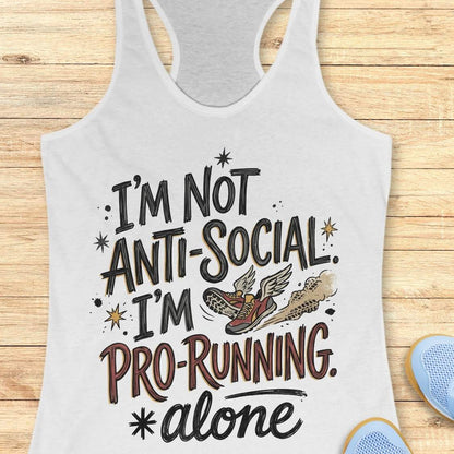 A white racerback tank top laid flat on a light wood background, printed with the phrase “I’M NOT ANTI-SOCIAL. I’M PRO-RUNNING.