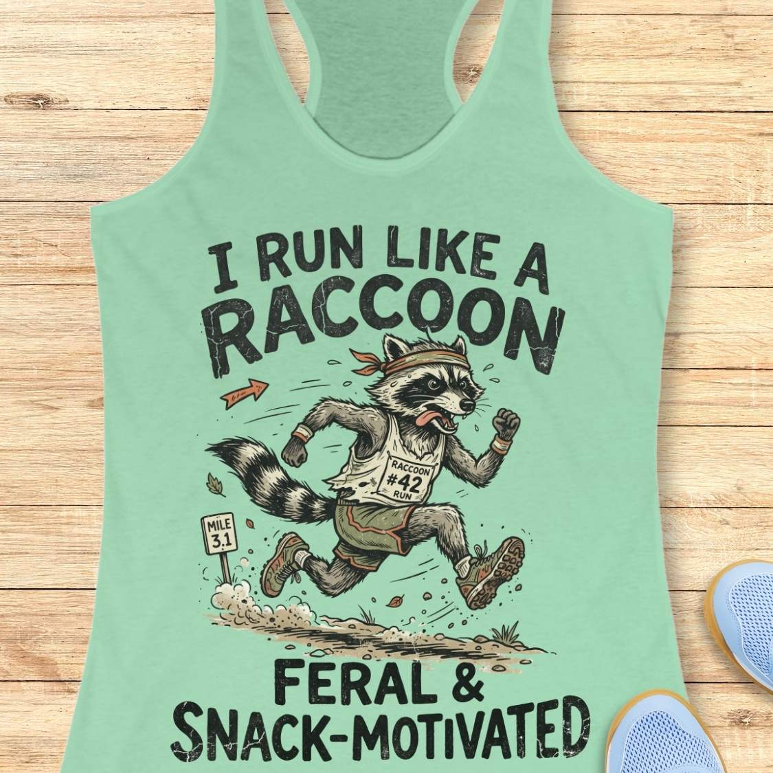 A mint green racerback tank top laid flat on a light wood background, featuring a humorous graphic of a raccoon running a race with the text 'I RUN LIKE A RACCOON FERAL & SNACK-MOTIVATED'.