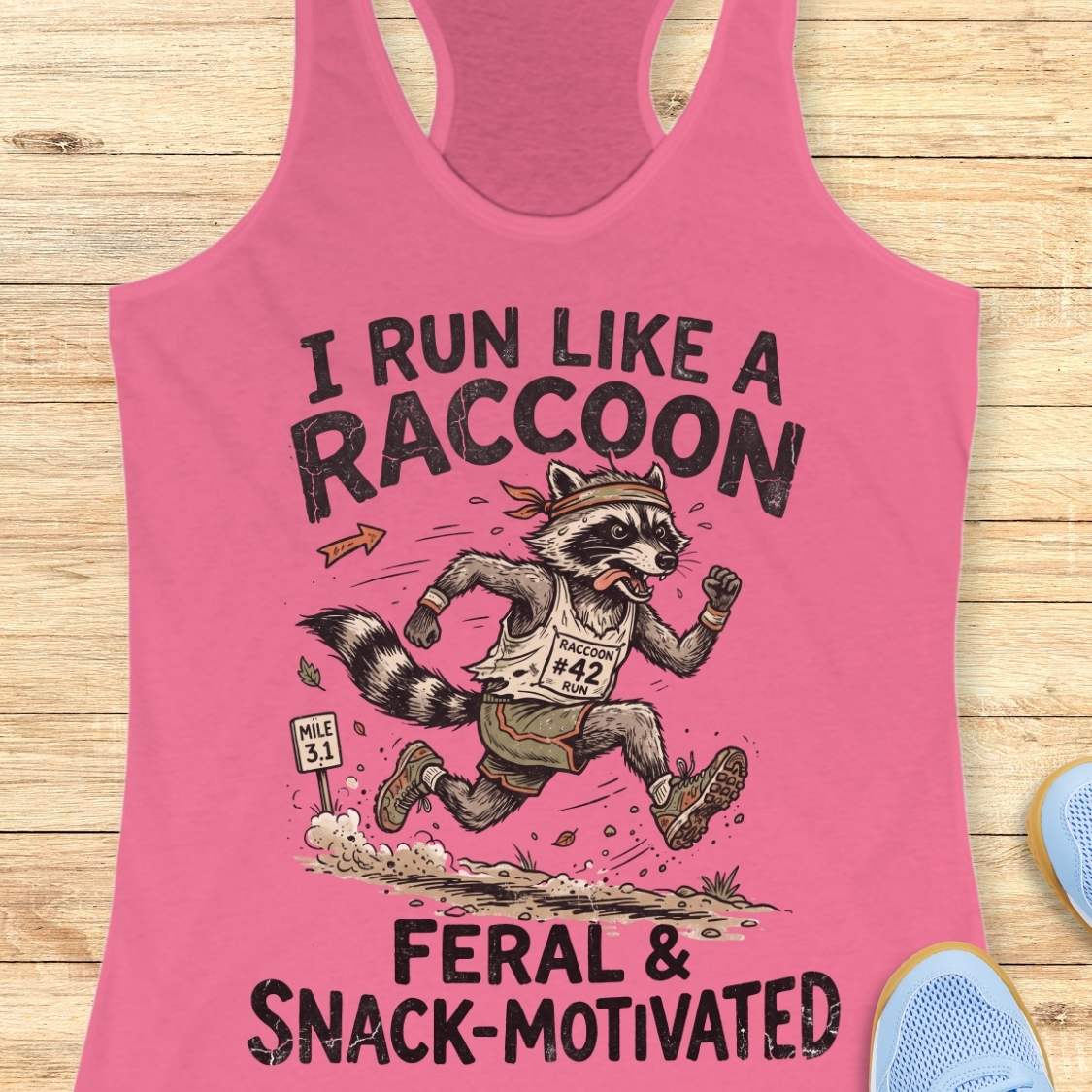 A pink racerback tank top laid flat on a light wood surface, featuring a large graphic of a raccoon running like a racehorse with the text 'I RUN LIKE A RACCOON FERAL & SNACK-MOTIVATED.' A partial blue shoe is visible at the lower right edge.
