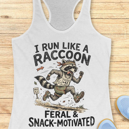 A white racerback tank top laid flat on a light wood background, featuring a humorous graphic of a raccoon running a race with the text 'I RUN LIKE A RACCOON FERAL & SNACK-MOTIVATED'. Partial blue shoes are visible at the bottom right.