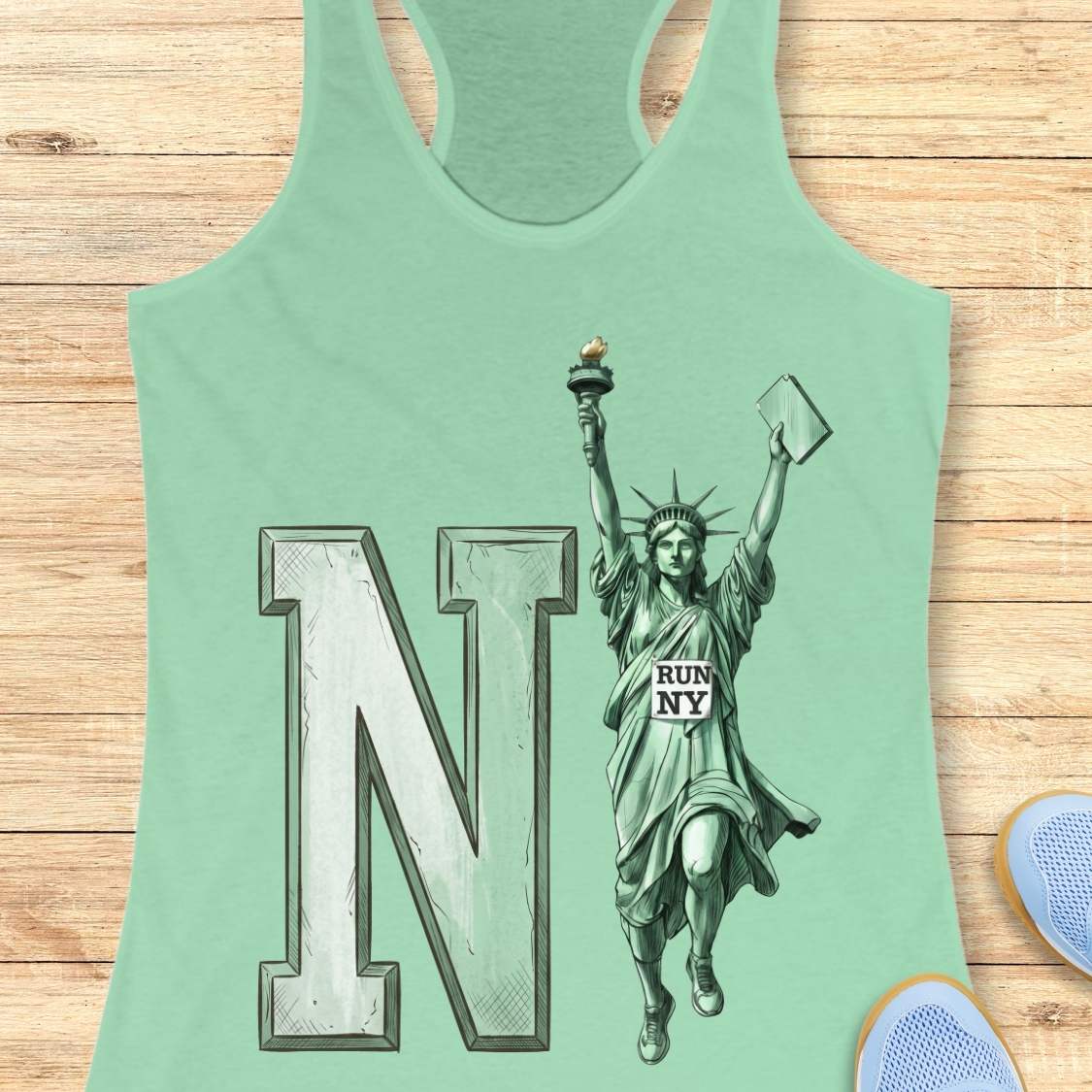 A mint green racerback tank top laid flat on a light wood plank surface. The tank top features a graphic print of a large textured letter 'N' next to an illustration of the Statue of Liberty holding a torch and a sign that reads 'RUN NY'.