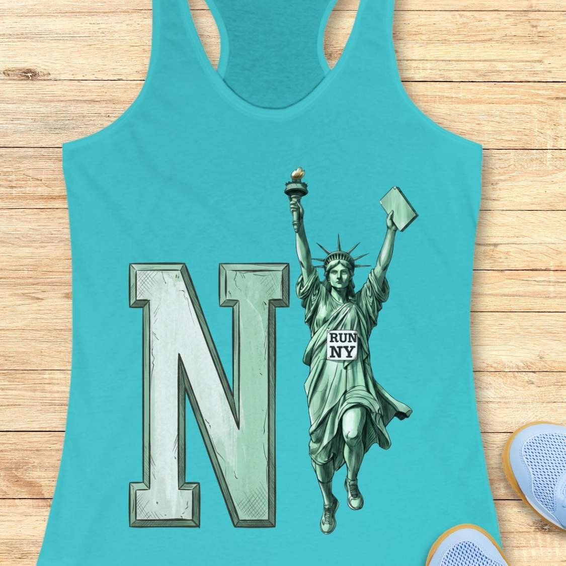 A turquoise racerback tank top laid flat on a light wood surface, featuring a large letter N and a Statue of Liberty graphic with a small sign that reads 'RUN NY'.