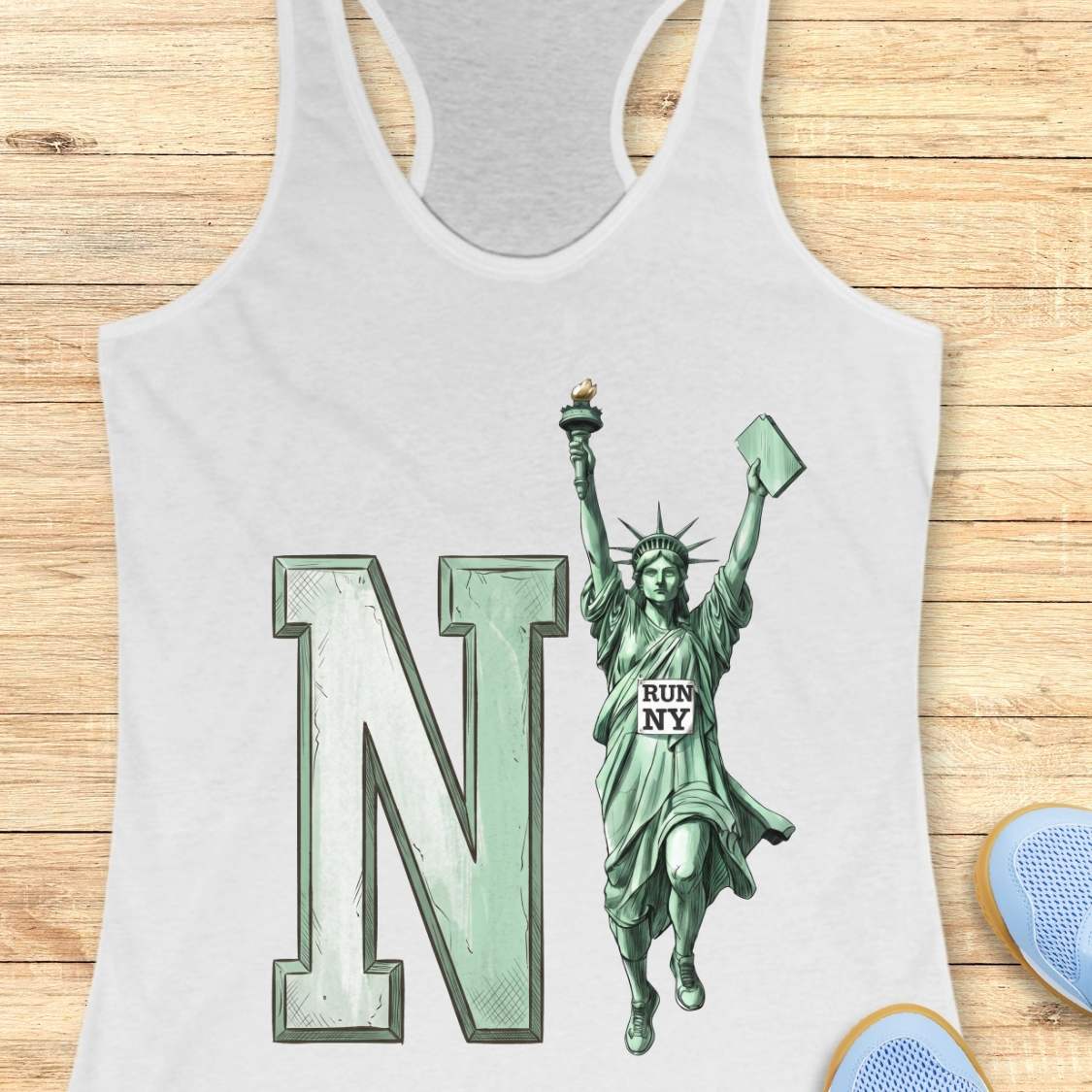 A white racerback tank top laid flat on a light wood background, featuring a large mint green letter 'N' and a Statue of Liberty graphic with 'RUN NY' printed on the statue's chest. Partial blue shoes are visible at the bottom right edge.