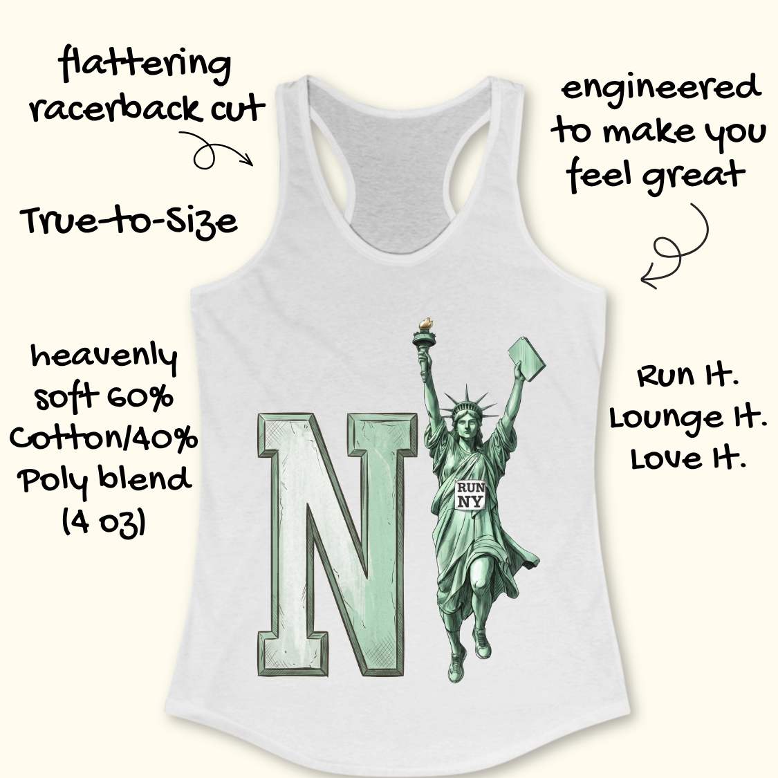A white racerback tank top with a large mint green letter 'N' and Statue of Liberty graphic on the front, surrounded by hand-drawn marketing text callouts on a light beige background.
