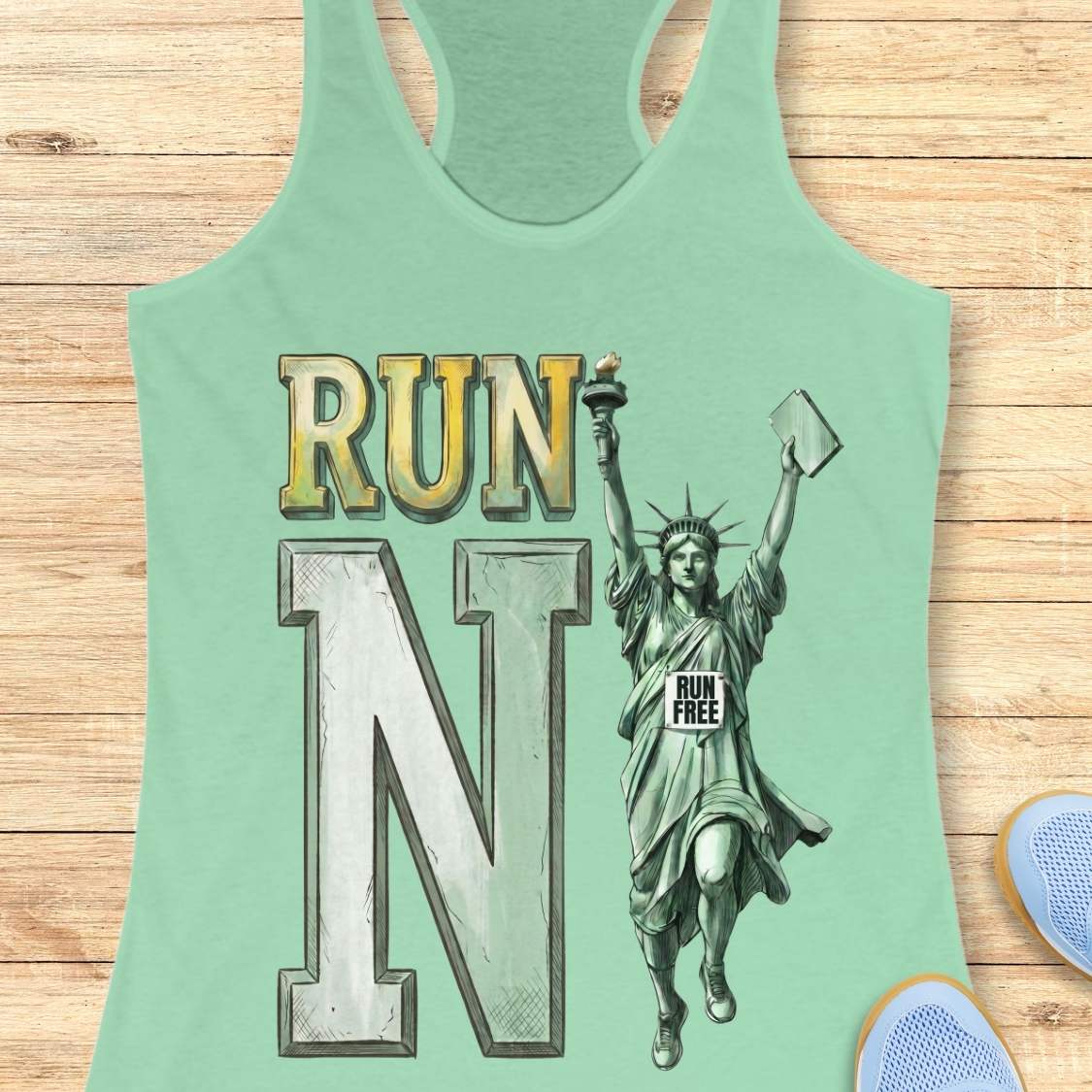 A mint green racerback tank top laid flat on a light wood background, featuring a graphic print with the word 'RUN', a large 'N', and an illustration of the Statue of Liberty holding a book with the text 'RUN FREE'.