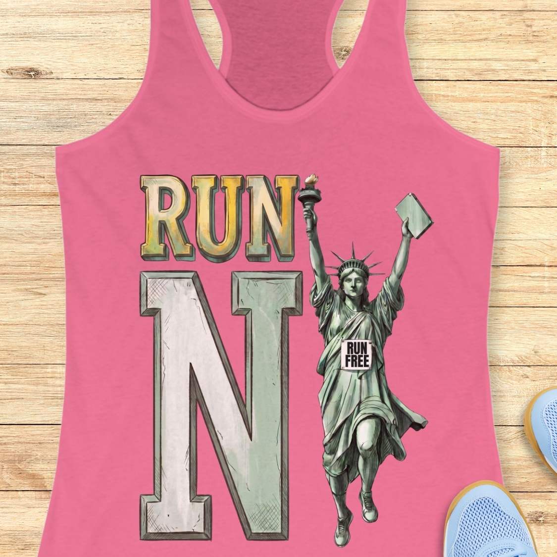 A pink racerback tank top laid flat on a light wood background, featuring a large graphic with the word 'RUN', a large letter 'N', and an illustration of the Statue of Liberty holding a tablet with the text 'RUN FREE'.