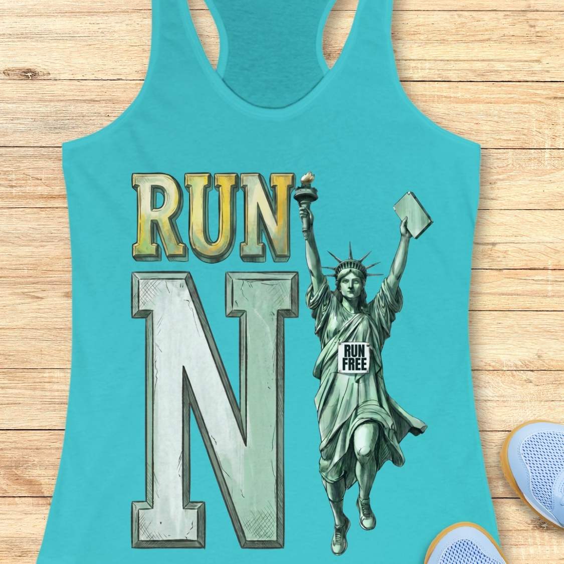 A turquoise racerback tank top laid flat on a light wood surface, featuring a large graphic that reads "RUN N" with a Statue of Liberty illustration and a small "RUN FREE" sign. Partial light blue sneakers are visible at the bottom right as styling props.