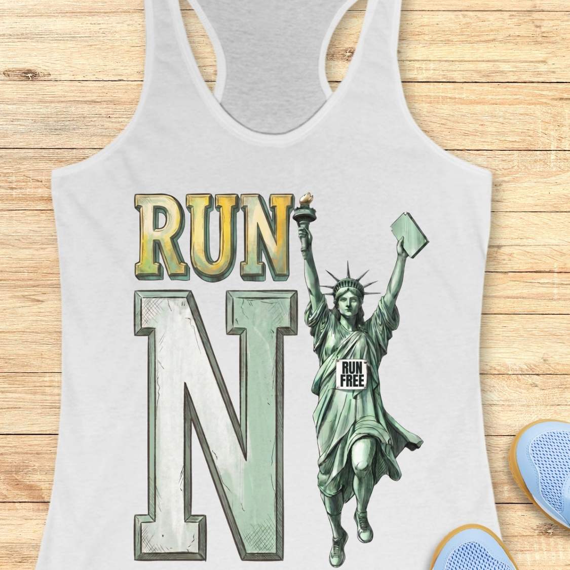 A white racerback tank top laid flat on a light wood background, featuring a large graphic print with the word 'RUN', a large letter 'N', and an illustration of the Statue of Liberty holding a 'RUN FREE' sign.