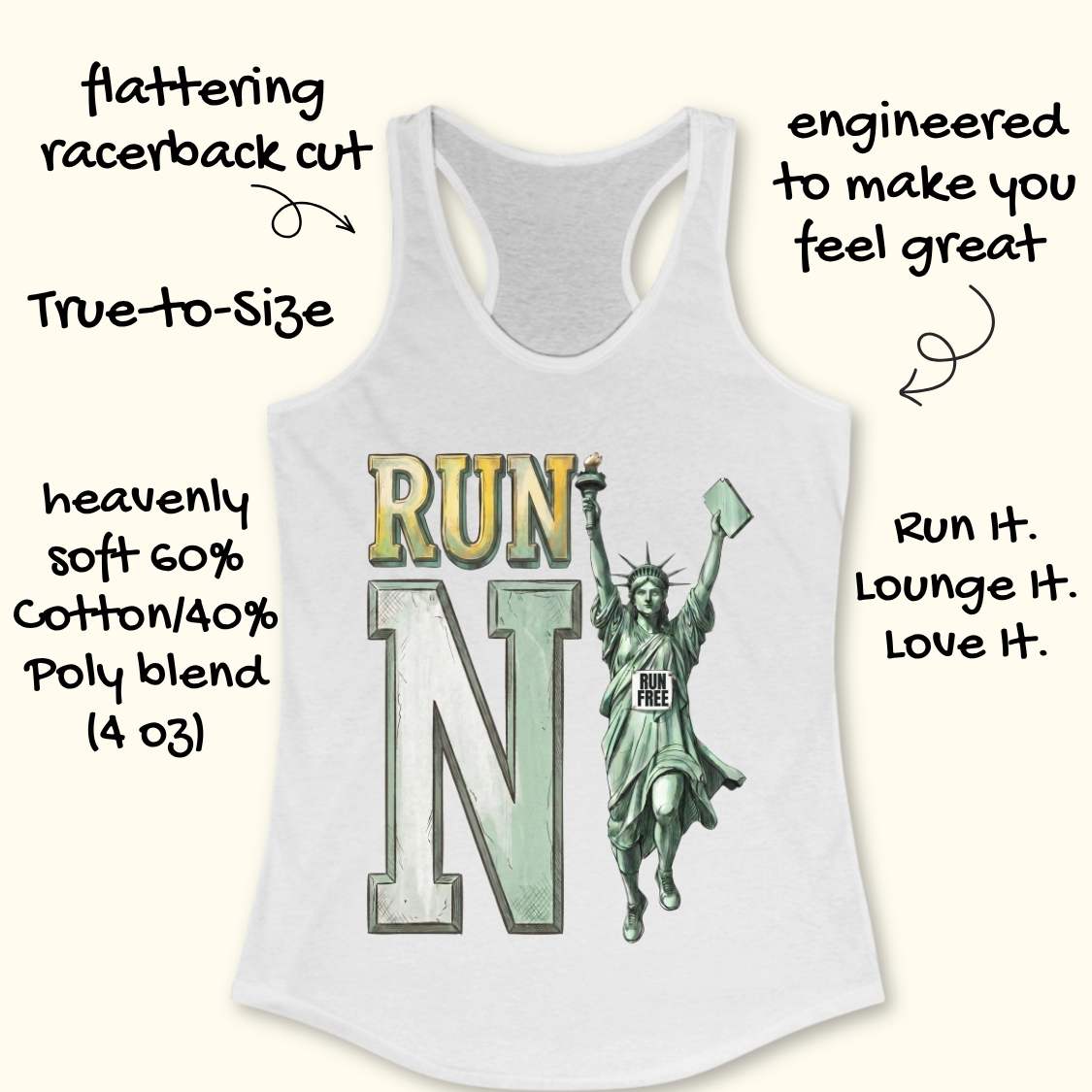 A white racerback tank top with a graphic print of the Statue of Liberty and the word 'RUN' with a 'FREE' sign, surrounded by decorative text callouts on a light cream background.