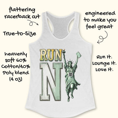 A white racerback tank top with a graphic print of the Statue of Liberty and the word 'RUN' with a 'FREE' sign, surrounded by decorative text callouts on a light cream background.