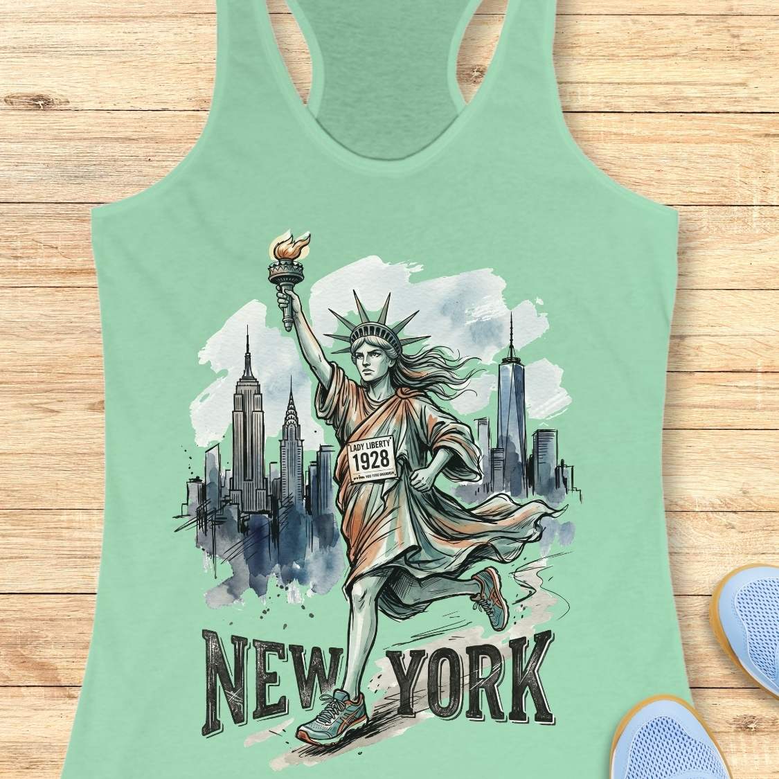 A mint green racerback tank top laid flat on a light wood floor, featuring a watercolor-style graphic of the Statue of Liberty running with the New York City skyline behind her and the text 'NEW YORK' at the bottom. Partial blue shoes are visible at the bottom right edge.