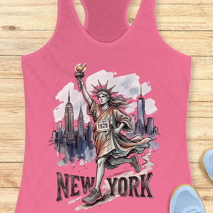 A pink racerback tank top laid flat on a light wood surface, featuring a large graphic of the Statue of Liberty running with the New York City skyline behind her and the text 'NEW YORK' at the bottom. A small '2026' race bib is printed on the figure.