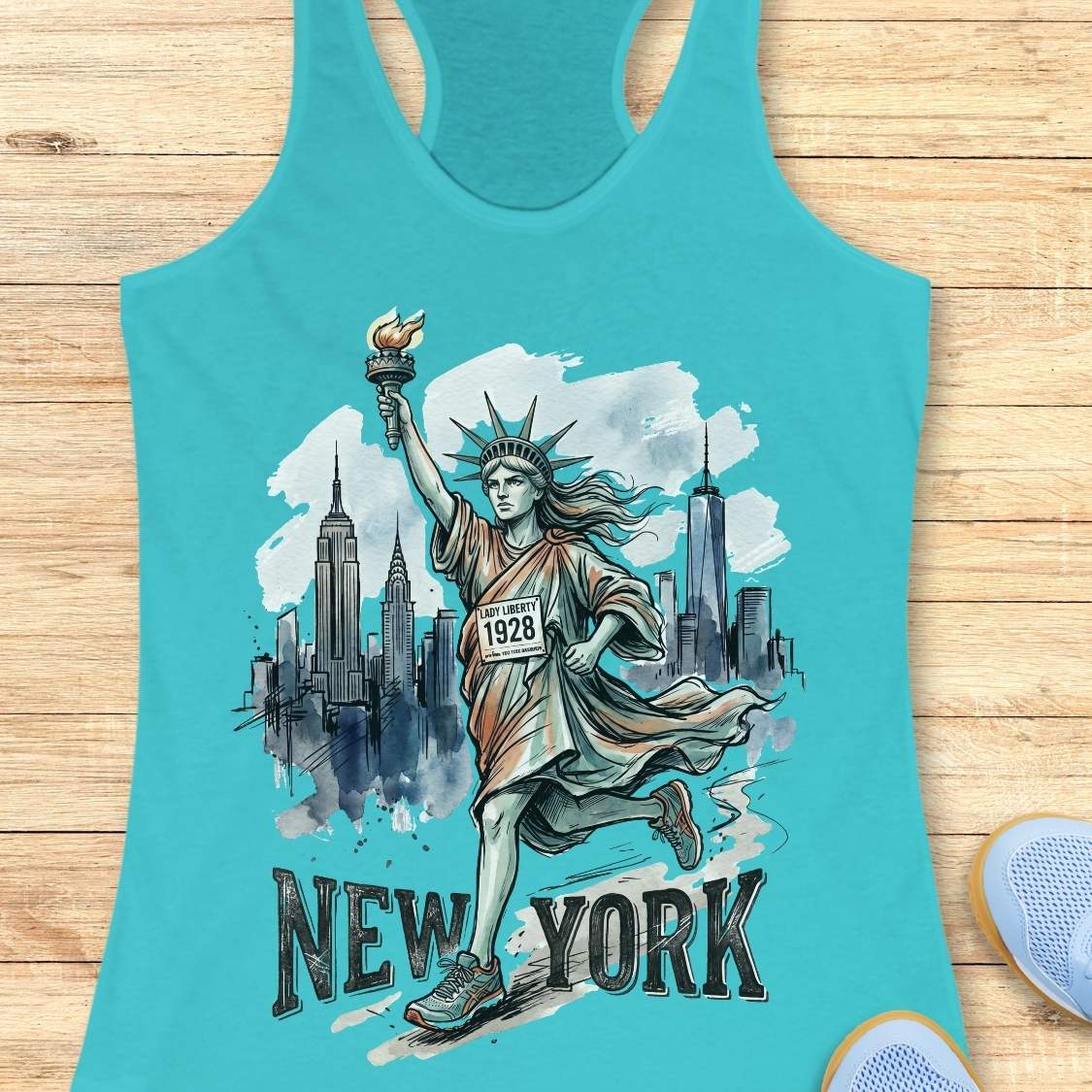 A turquoise racerback tank top laid flat on a light wood surface, featuring a graphic of the Statue of Liberty running with the New York City skyline behind her and the text 'NEW YORK' at the bottom. Partial light blue shoes are visible at the bottom right corners.