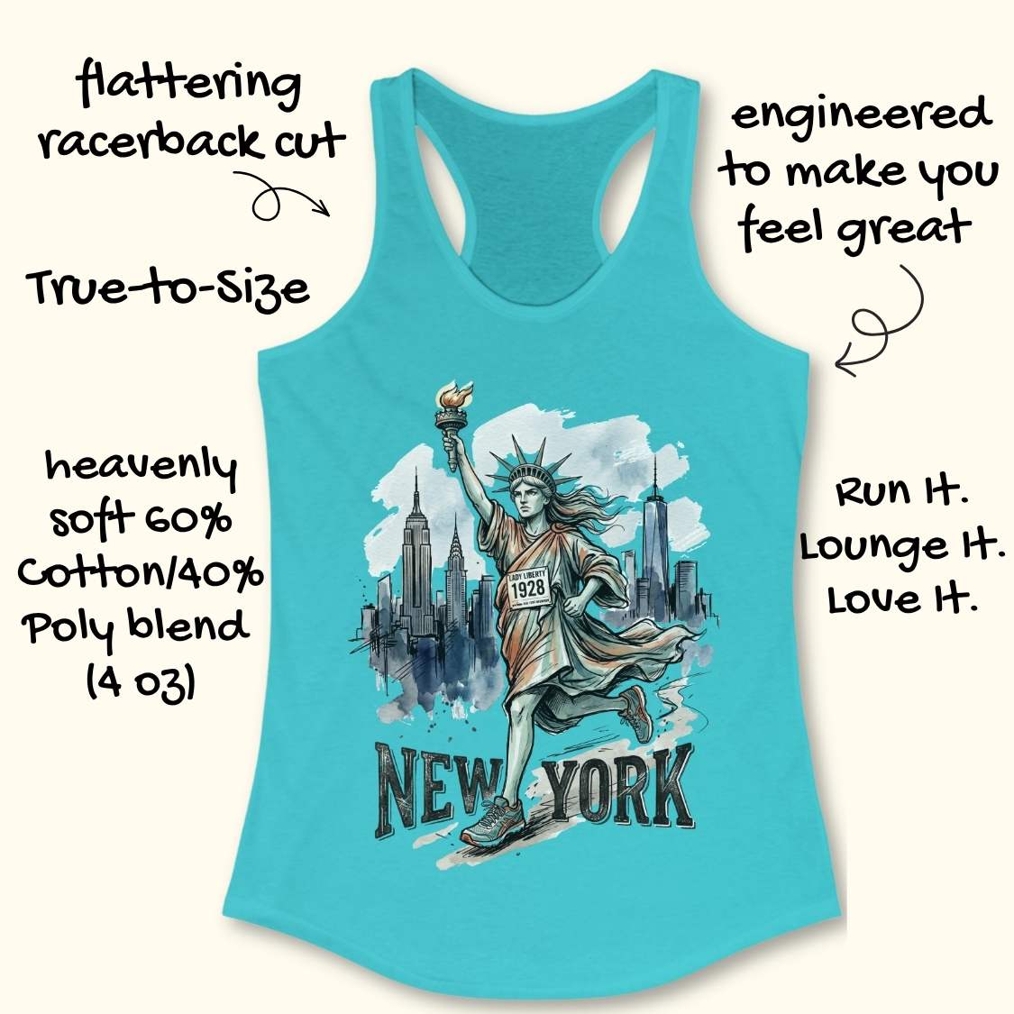 A turquoise racerback tank top with a graphic of the Statue of Liberty and the word 'NEW YORK' on the front, shown on a light beige background with decorative text callouts describing the garment.