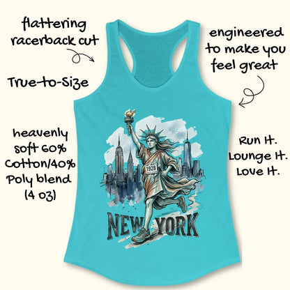 A turquoise racerback tank top with a graphic of the Statue of Liberty and the word 'NEW YORK' on the front, shown on a light beige background with decorative text callouts describing the garment.