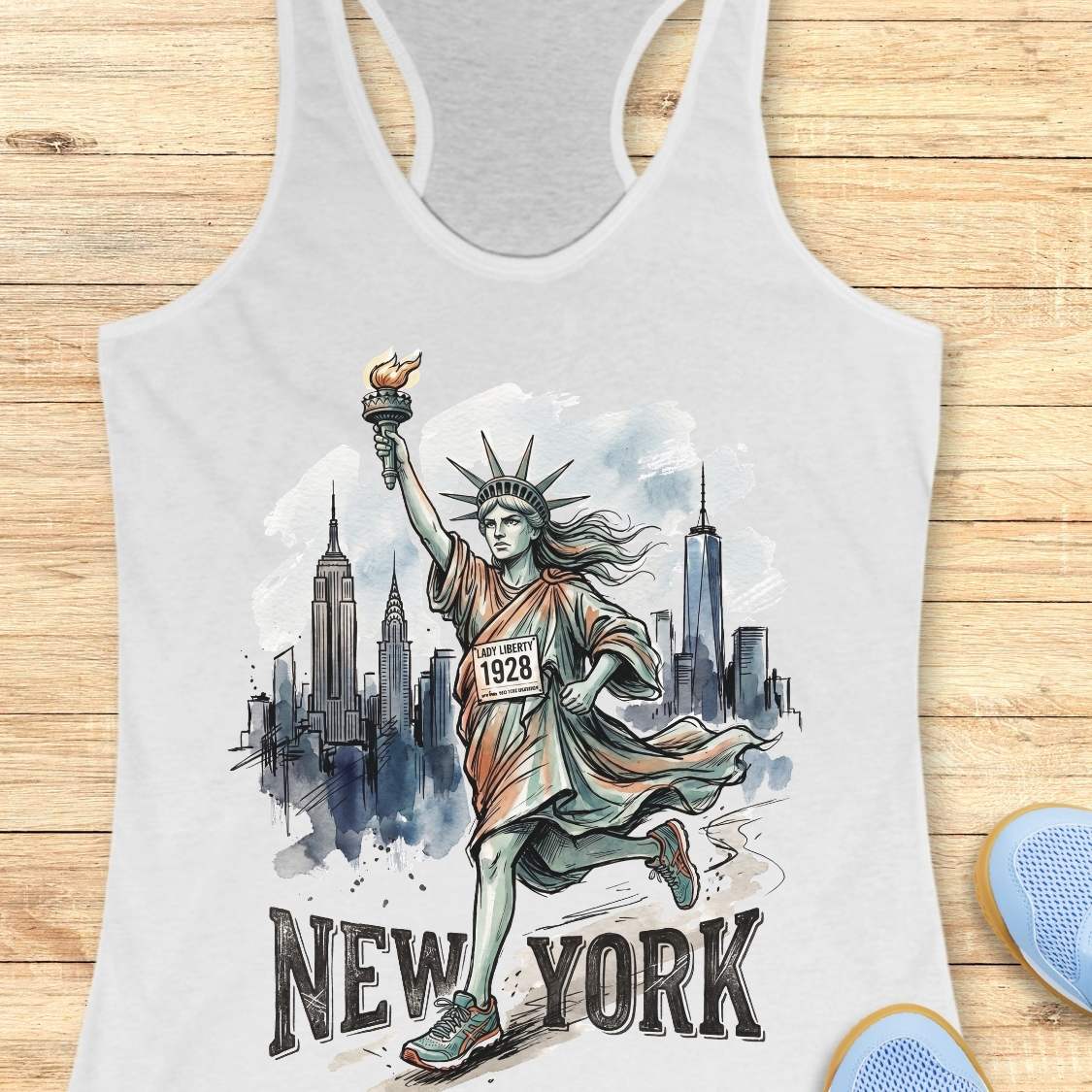 A white racerback tank top laid flat on a light wood surface, featuring a watercolor-style graphic of the Statue of Liberty running with the New York City skyline behind her and the text 'NEW YORK' below. Part of a blue shoe is visible at the bottom right.