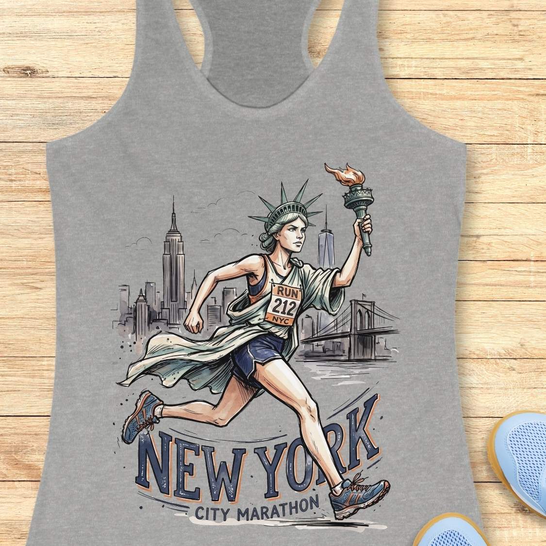 A heather gray racerback tank top featuring a detailed graphic of a woman running the New York City Marathon, holding a torch, with the Statue of Liberty and New York City skyline in the background. The tank top is displayed flat on a light brown wooden surface.