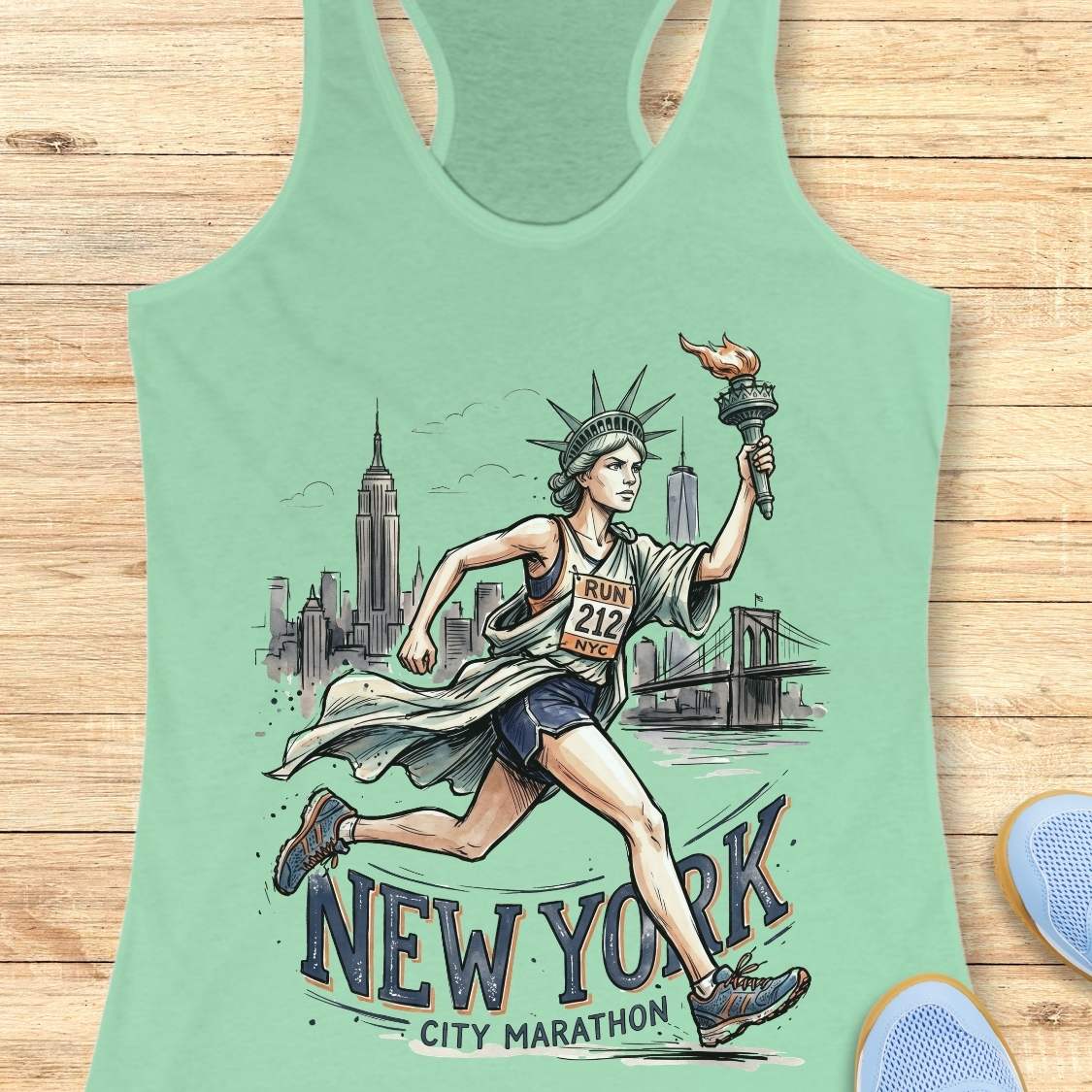 A mint green racerback tank top featuring a detailed graphic of a woman running the New York City Marathon, holding a torch, with the Empire State Building and Brooklyn Bridge in the background. The words 'NEW YORK CITY MARATHON' are printed below the illustration.