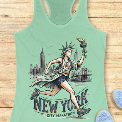 A mint green racerback tank top featuring a detailed graphic of a woman running the New York City Marathon, holding a torch, with the Empire State Building and Brooklyn Bridge in the background. The words 'NEW YORK CITY MARATHON' are printed below the illustration.