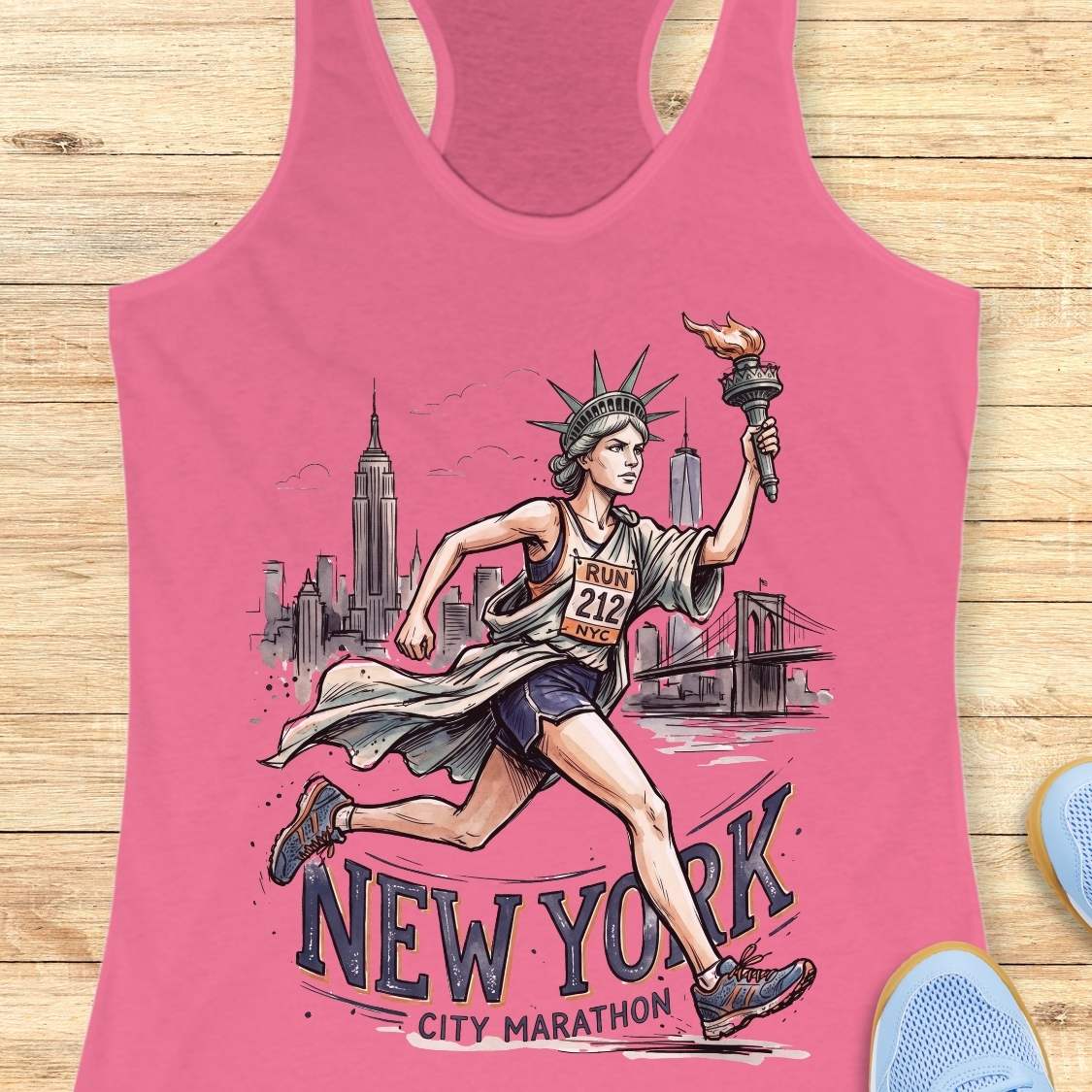 A pink racerback tank top laid flat on a light wood surface, featuring a large illustrated graphic of a woman running with the Statue of Liberty and a torch, plus the text 'NEW YORK CITY MARATHON.' Partial blue shoes are visible at the lower right as styling props.