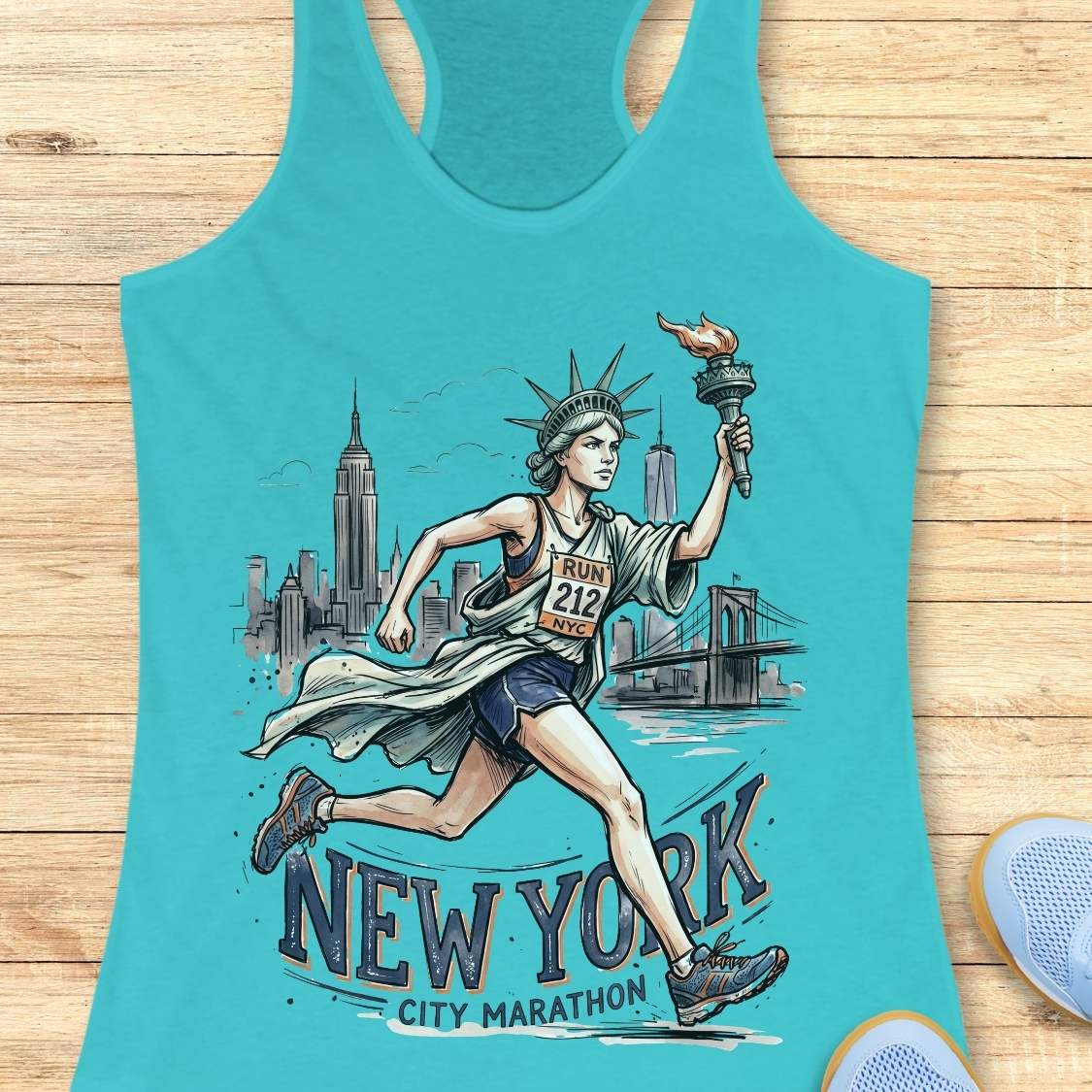 A turquoise racerback tank top laid flat on a light wood surface, featuring a detailed graphic of a woman running with a torch in front of a New York City skyline and the words 'NEW YORK CITY MARATHON.' Partial athletic shoes are visible at the bottom right as styling props.