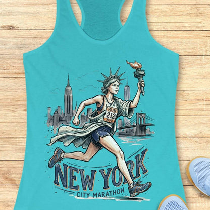 A turquoise racerback tank top laid flat on a light wood surface, featuring a detailed graphic of a woman running with a torch in front of a New York City skyline and the words 'NEW YORK CITY MARATHON.' Partial athletic shoes are visible at the bottom right as styling props.