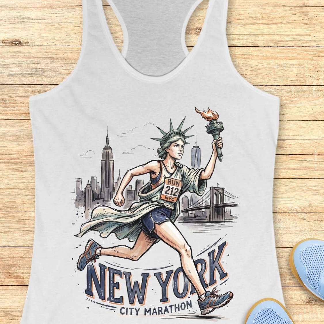 A white racerback tank top laid flat on a light wood surface, featuring a large graphic print of a woman running with the Statue of Liberty and a torch, with the text 'NEW YORK CITY MARATHON.' Partial blue shoes are visible at the bottom right as styling props.