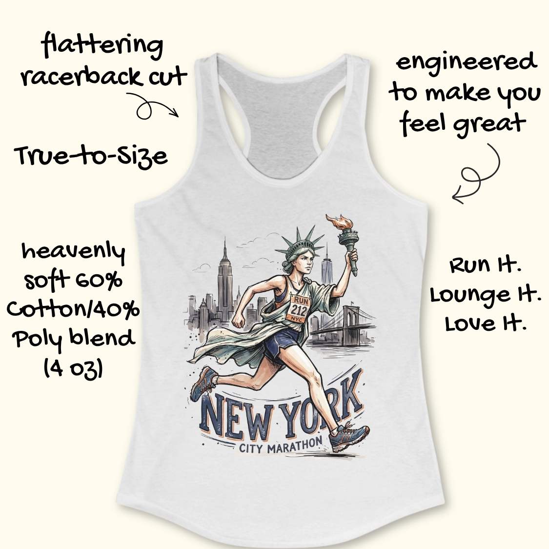 A white racerback tank top with a colorful graphic of a woman running in front of a New York City skyline and the words 'New York City Marathon.' Hand-drawn text around the product highlights fit, fabric, and comfort features.