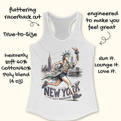 A white racerback tank top with a colorful graphic of a woman running in front of a New York City skyline and the words 'New York City Marathon.' Hand-drawn text around the product highlights fit, fabric, and comfort features.