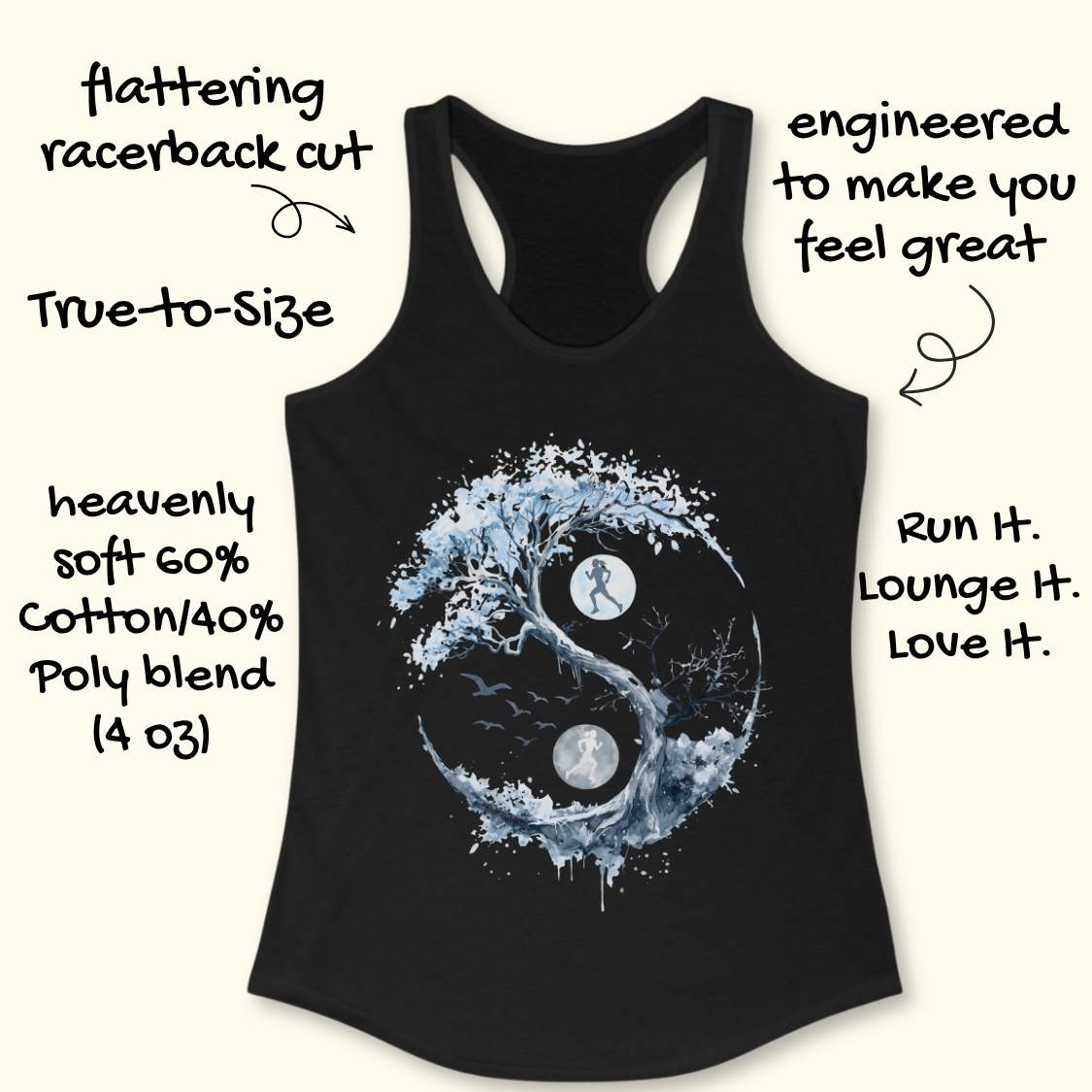 A black racerback tank top with a large blue and white yin-yang graphic featuring a runner silhouette and moon phases. The image includes promotional text callouts around the product on a light beige background.