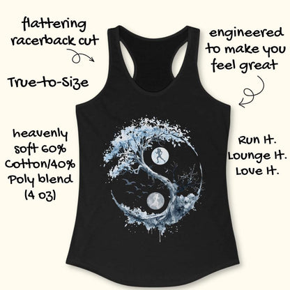 A black racerback tank top with a large blue and white yin-yang graphic featuring a runner silhouette and moon phases. The image includes promotional text callouts around the product on a light beige background.
