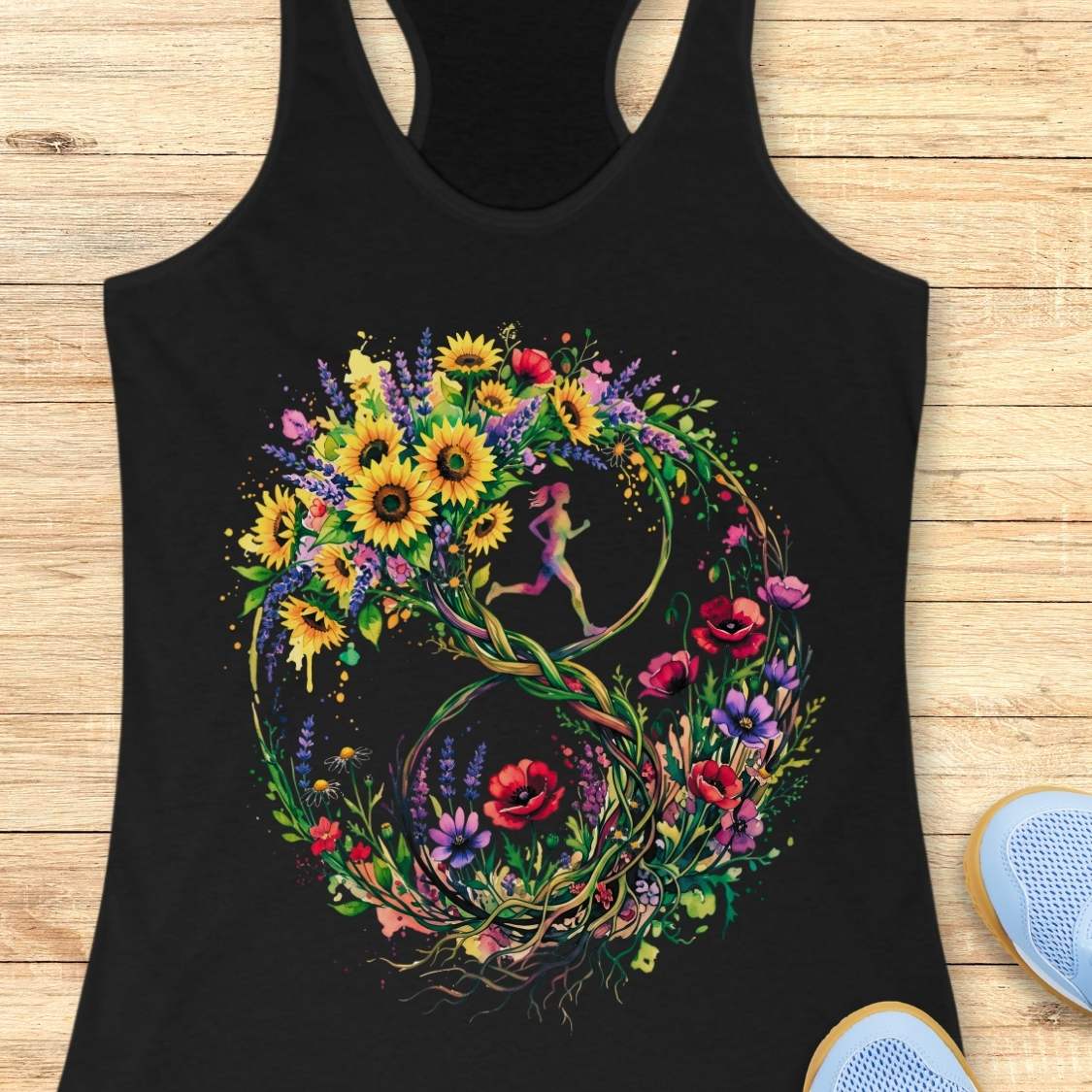 A black racerback tank top featuring a large, colorful graphic of a stylized number 8 formed by wildflowers and a small running girl in the center, laid flat on a light wood background.