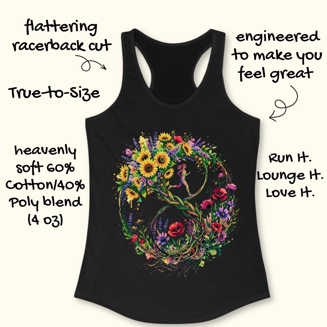 Black racerback tank top with a colorful floral wreath graphic on the front, shown on a light beige background with decorative text callouts around it.