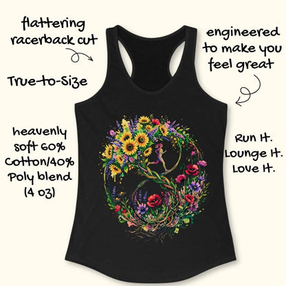 Black racerback tank top with a colorful floral wreath graphic on the front, shown on a light beige background with decorative text callouts around it.
