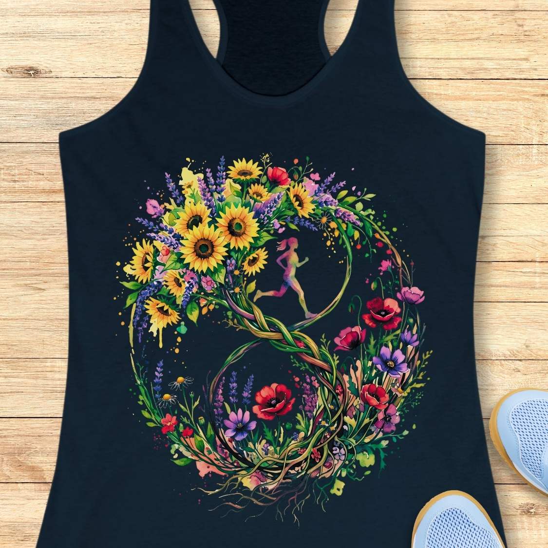 A navy racerback tank top laid flat on a light wood surface, featuring a large colorful floral and leafy graphic with a small running figure in the center. A pair of white sneakers is partially visible at the bottom right.