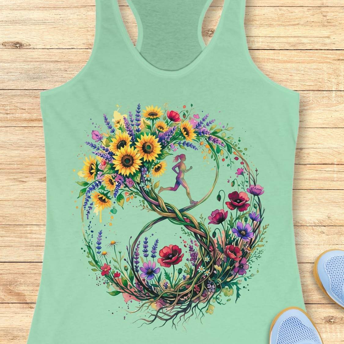 A mint racerback tank top featuring a large, colorful graphic of a stylized number 8 formed by wildflowers and a small running girl in the center, laid flat on a light wood background.