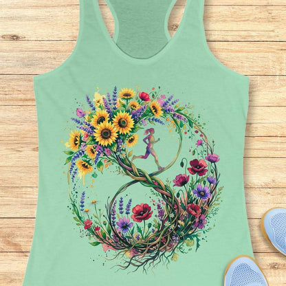 A mint racerback tank top featuring a large, colorful graphic of a stylized number 8 formed by wildflowers and a small running girl in the center, laid flat on a light wood background.