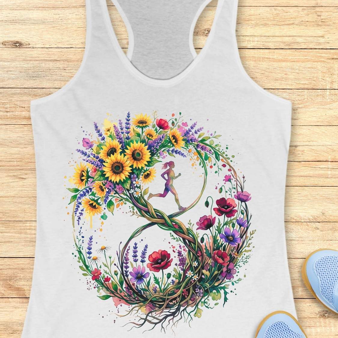 A white racerback tank top featuring a large, colorful graphic of a stylized number 8 formed by wildflowers and a small running girl in the center, laid flat on a light wood background.