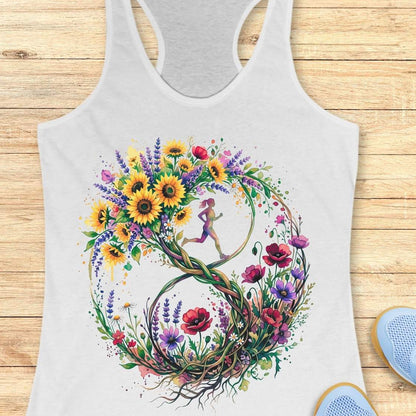 A white racerback tank top featuring a large, colorful graphic of a stylized number 8 formed by wildflowers and a small running girl in the center, laid flat on a light wood background.