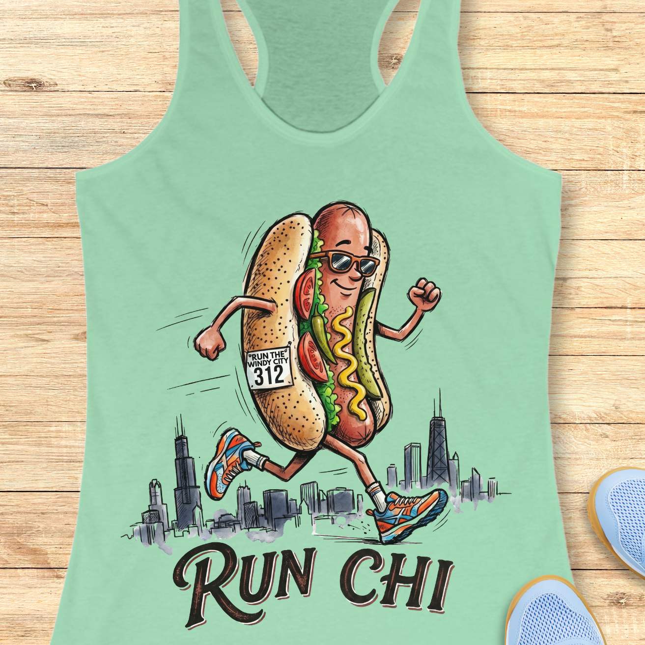 Mint green women's racerback tank top featuring a playful illustration of a running hot dog wearing sunglasses and colorful running shoes. The hot dog has a race bib that reads “RUN THE WINDY CITY 312” and is jogging in front of a hand-drawn Chicago skyline. The design includes classic Chicago-style hot dog toppings such as tomatoes, pickles, mustard, and relish. Large text below the illustration reads: “RUN CHI.” The artwork combines running humor with Chicago pride in a fun, cartoon-style design.