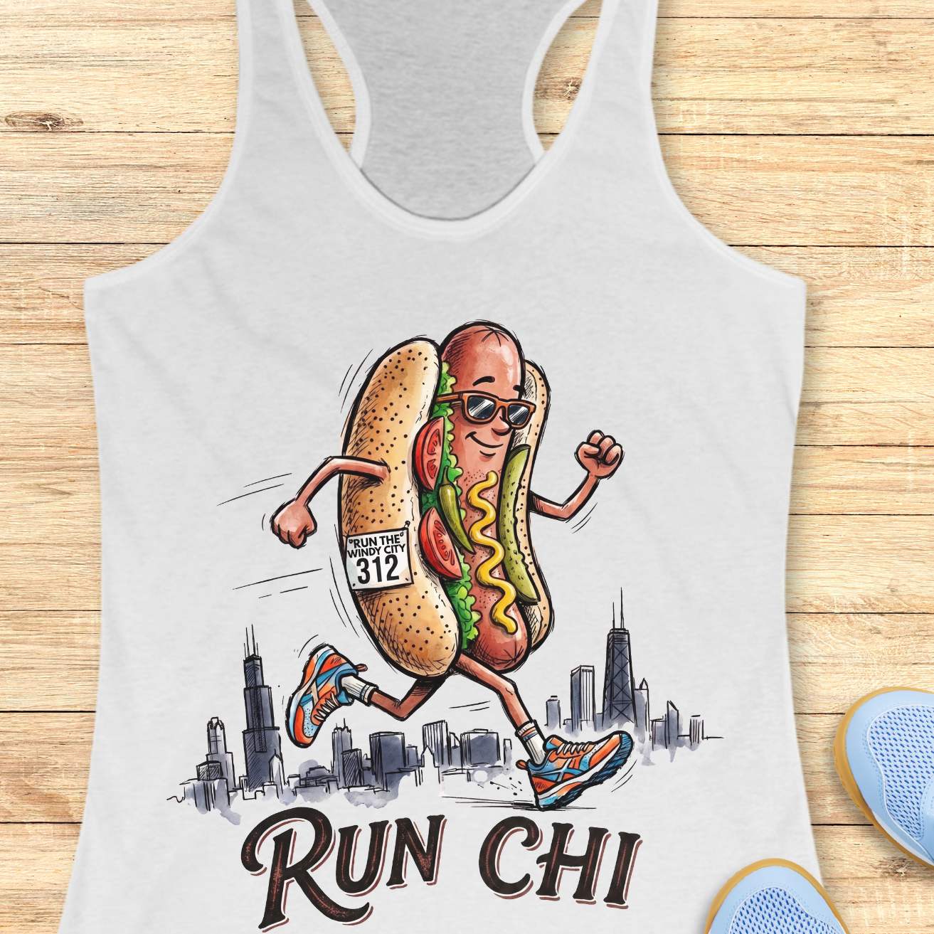 white women's racerback tank top featuring a playful illustration of a running hot dog wearing sunglasses and colorful running shoes. The hot dog has a race bib that reads “RUN THE WINDY CITY 312” and is jogging in front of a hand-drawn Chicago skyline. The design includes classic Chicago-style hot dog toppings such as tomatoes, pickles, mustard, and relish. Large text below the illustration reads: “RUN CHI.” The artwork combines running humor with Chicago pride in a fun, cartoon-style design.